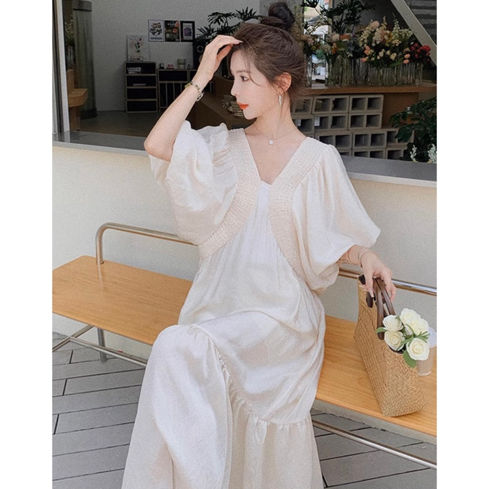 Vネックフレンチパフスリーブロングワンピース