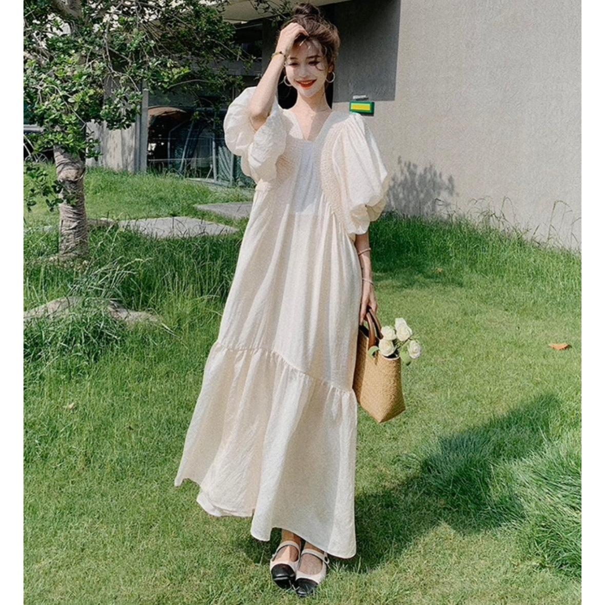 Vネックフレンチパフスリーブロングワンピース
