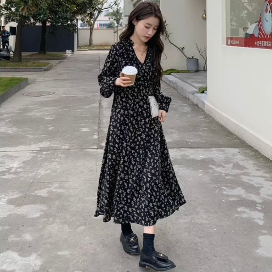 小花柄ハイウエストフレアワンピース