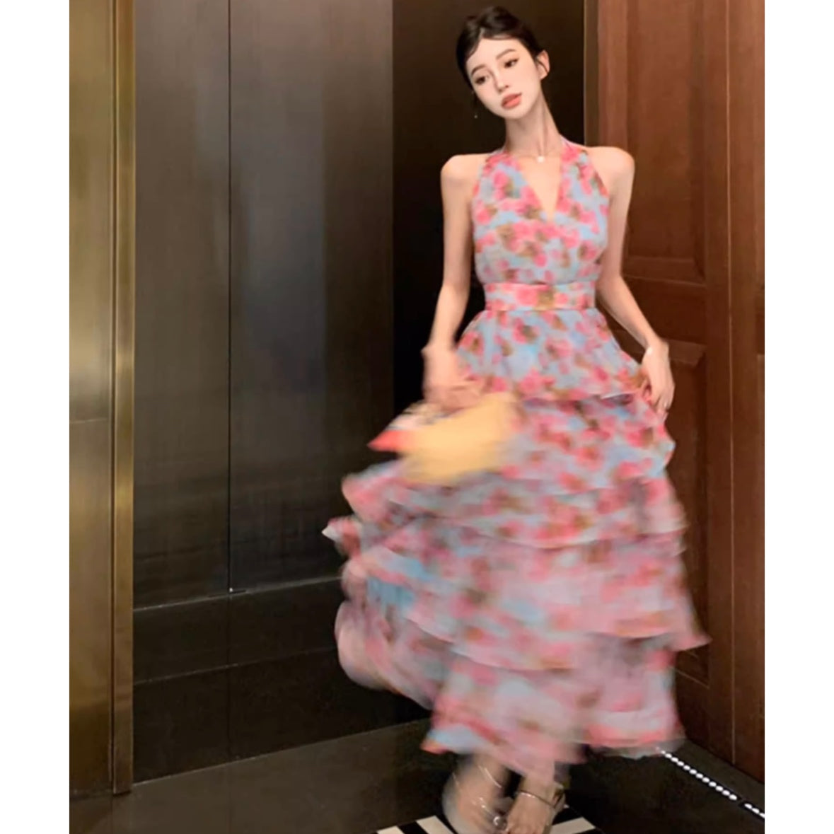 花柄バックオープンロングワンピース