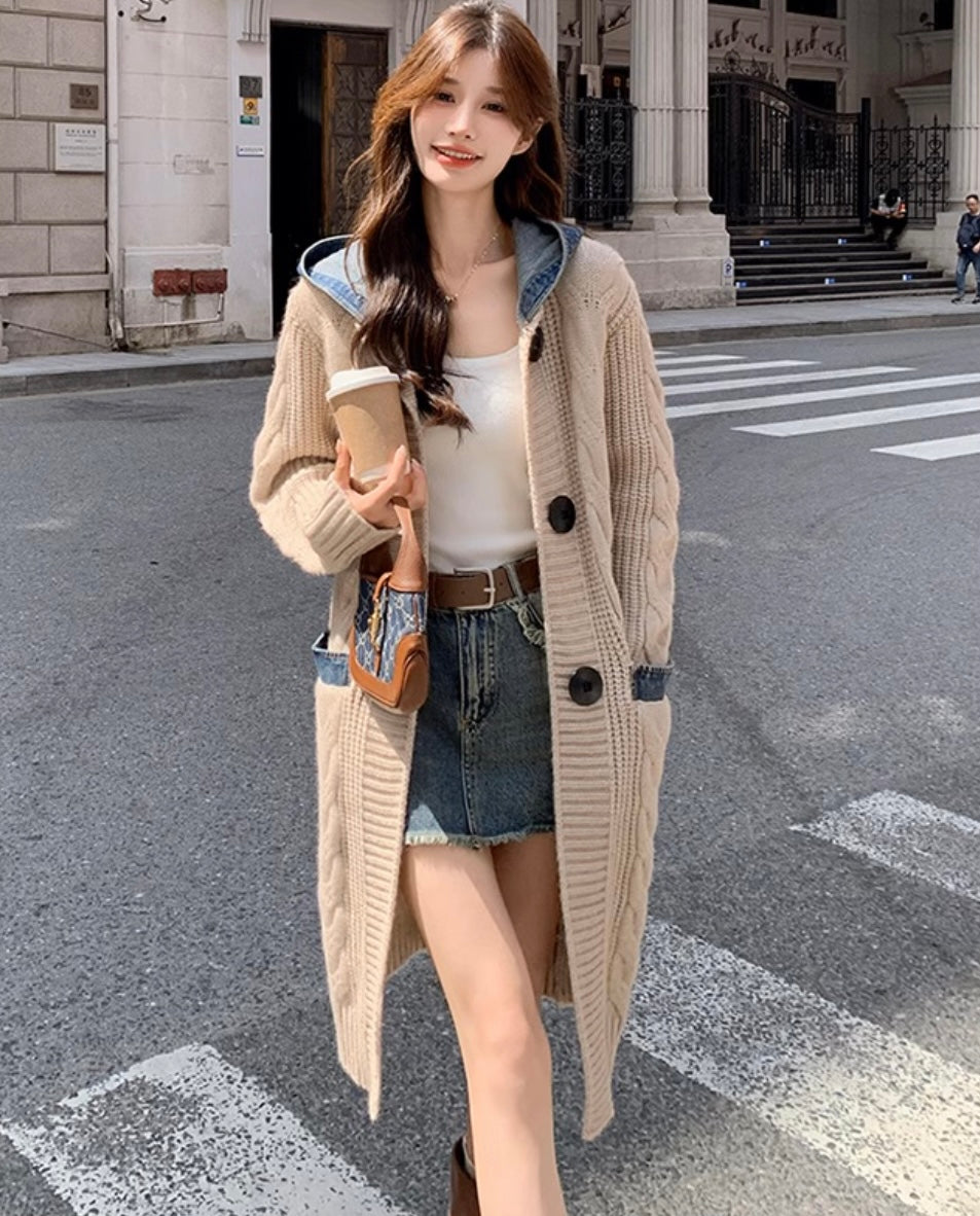 デニムフード付きニットカーディガン