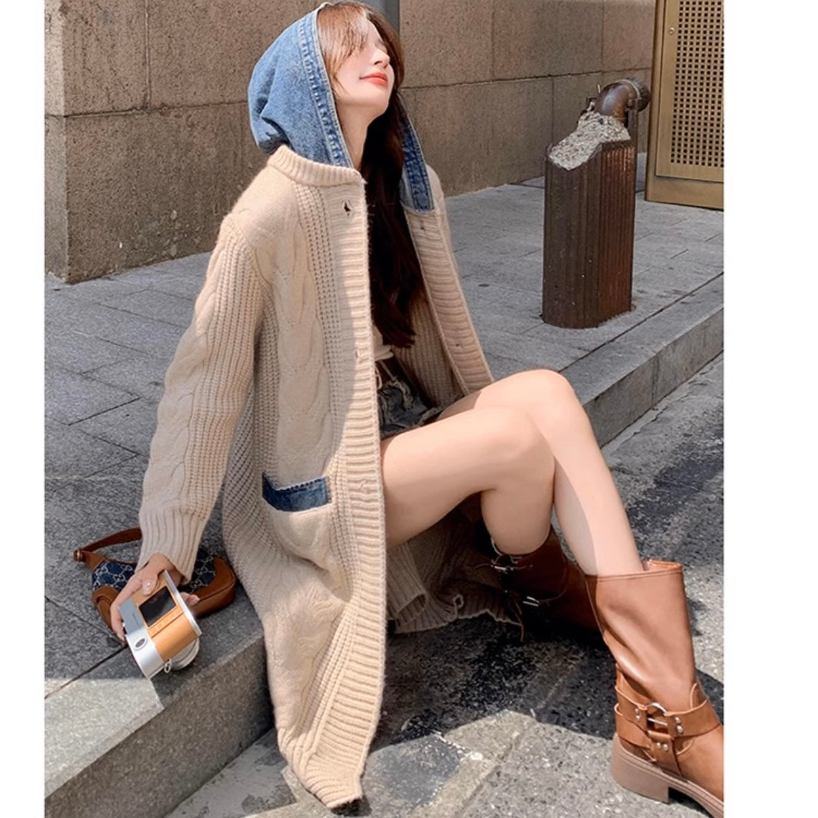 デニムフード付きニットカーディガン