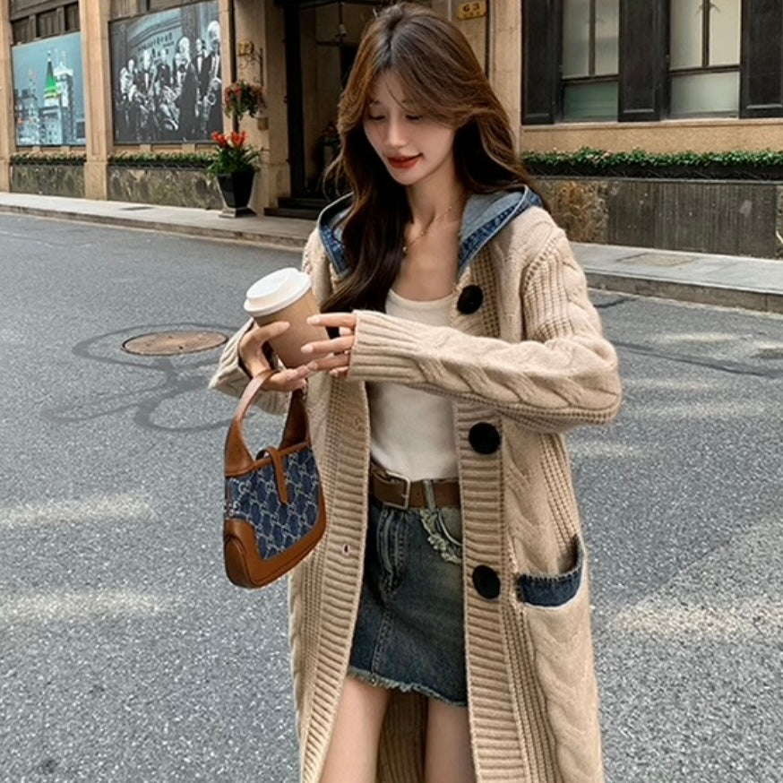 デニムフード付きニットカーディガン