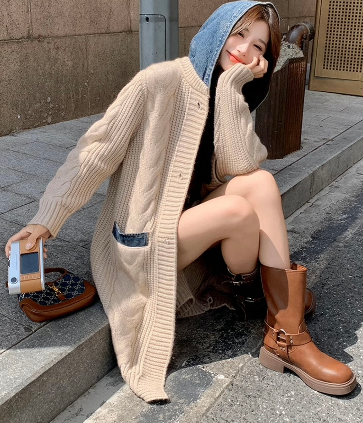 デニムフード付きニットカーディガン