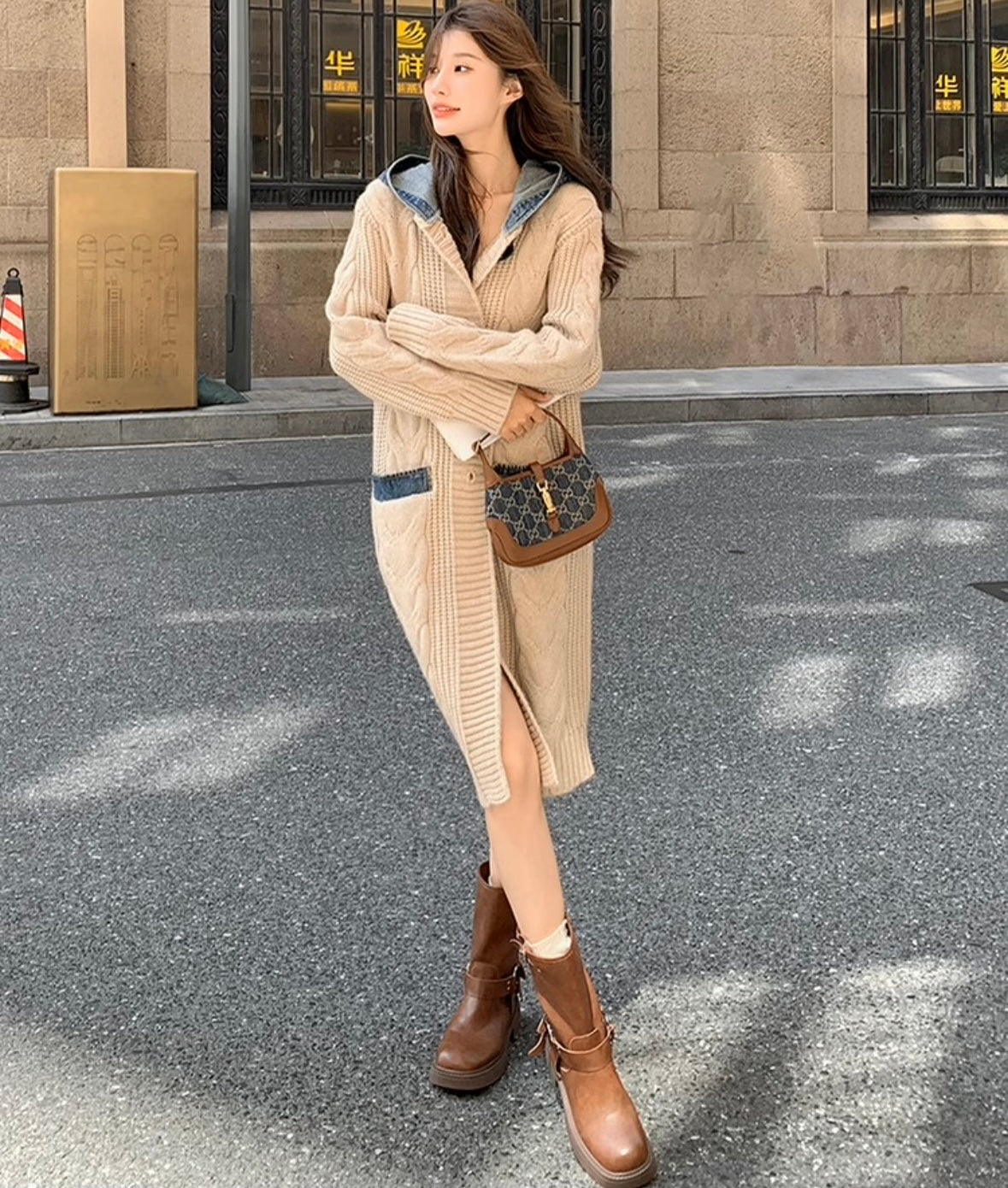 デニムフード付きニットカーディガン