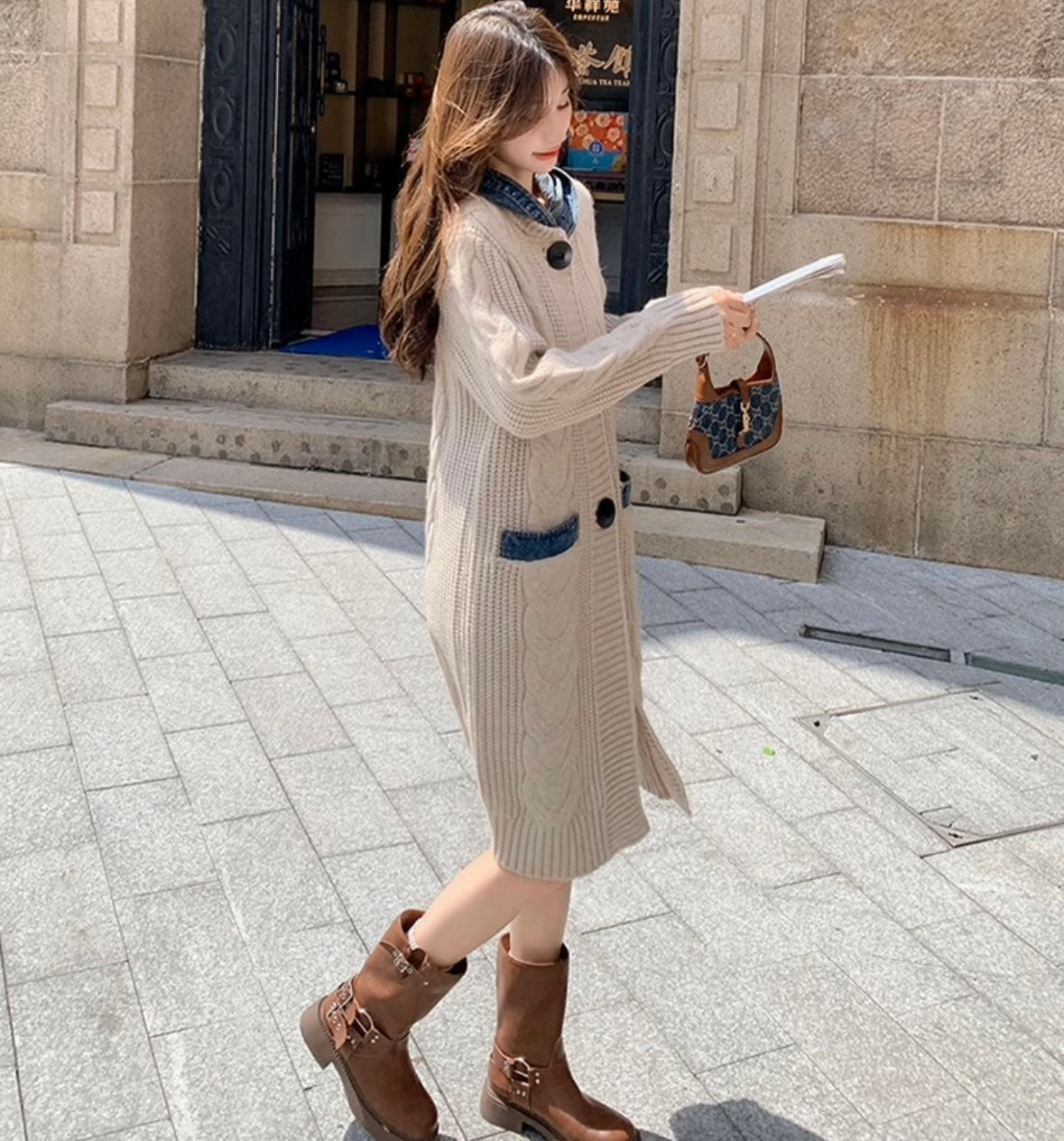 デニムフード付きニットカーディガン