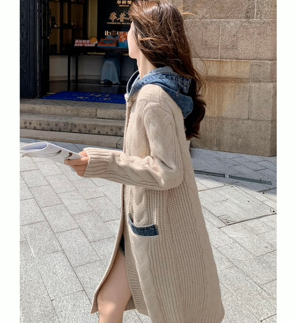 デニムフード付きニットカーディガン