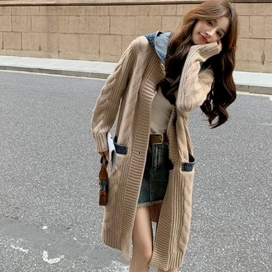 デニムフード付きニットカーディガン