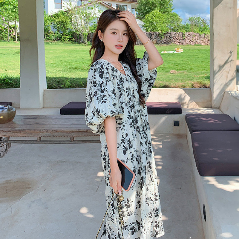 ランタンスリーブフラワーワンピース