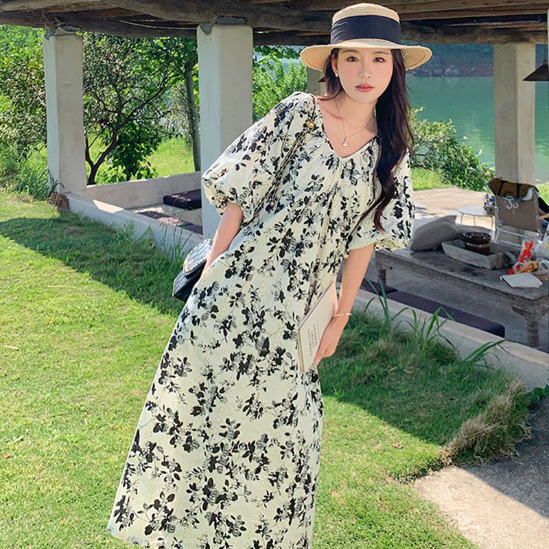 ランタンスリーブフラワーワンピース