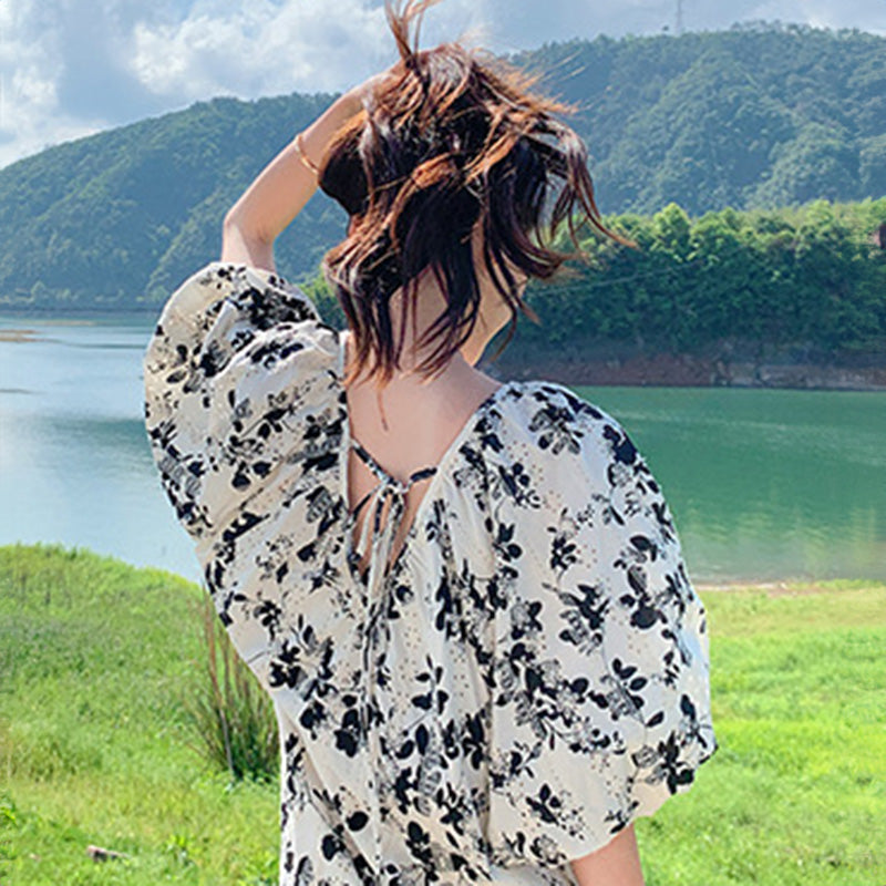 ランタンスリーブフラワーワンピース