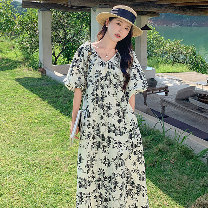 ランタンスリーブフラワーワンピース