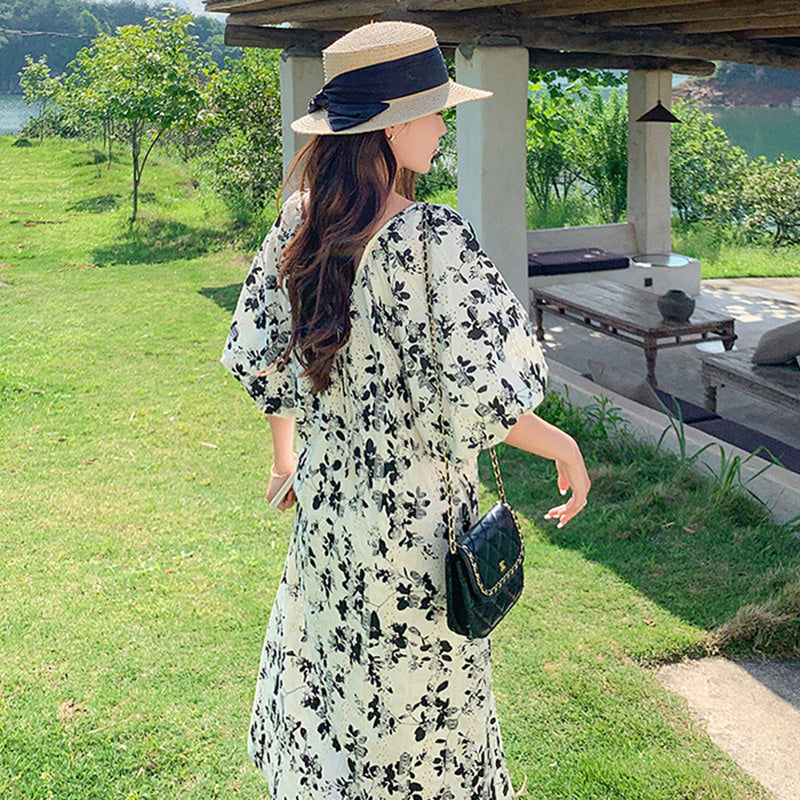 ランタンスリーブフラワーワンピース