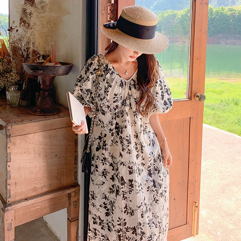 ランタンスリーブフラワーワンピース