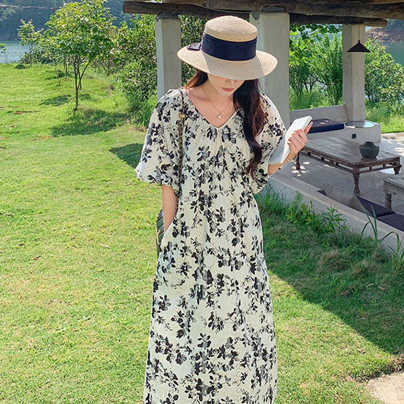 ランタンスリーブフラワーワンピース