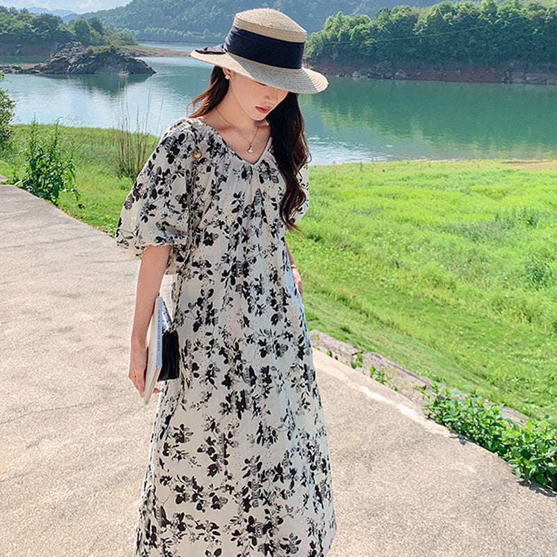 ランタンスリーブフラワーワンピース