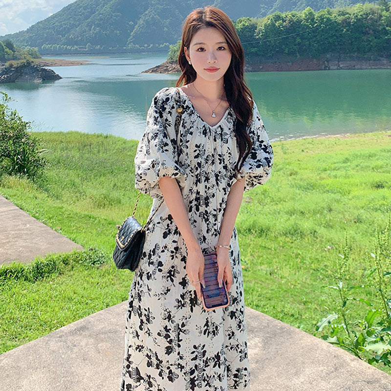 ランタンスリーブフラワーワンピース