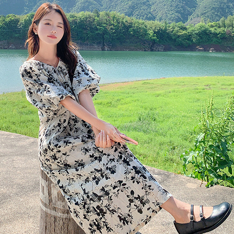 ランタンスリーブフラワーワンピース