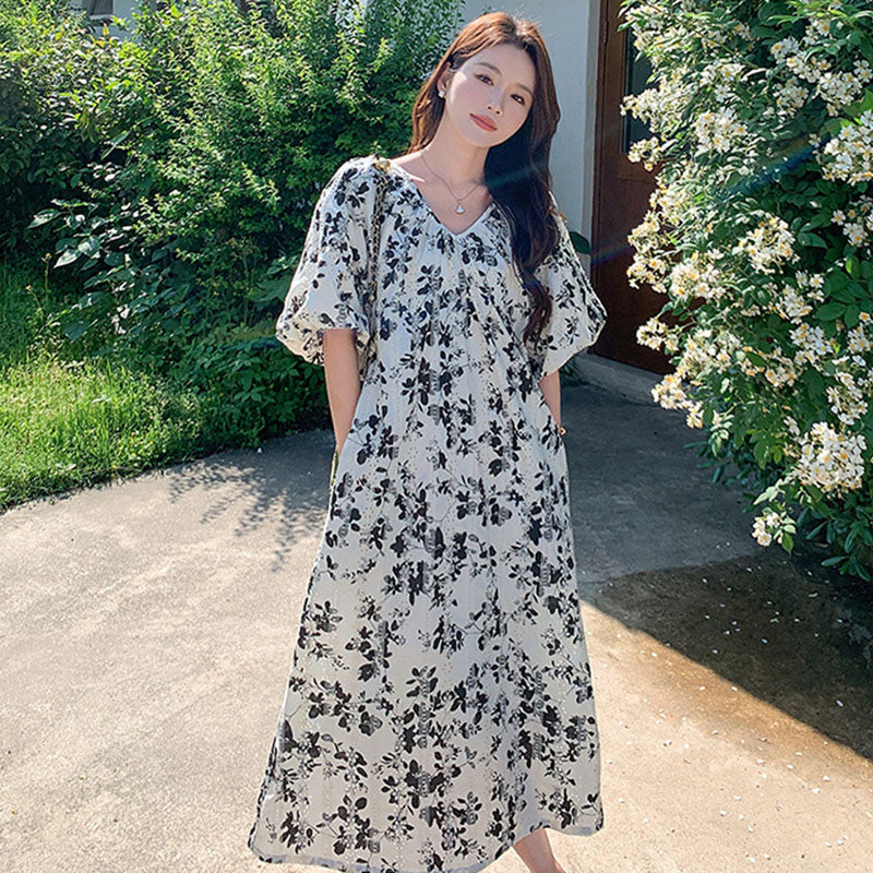 ランタンスリーブフラワーワンピース