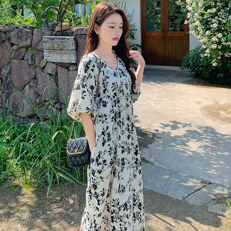 ランタンスリーブフラワーワンピース