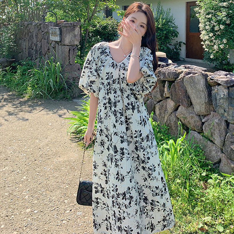 ランタンスリーブフラワーワンピース