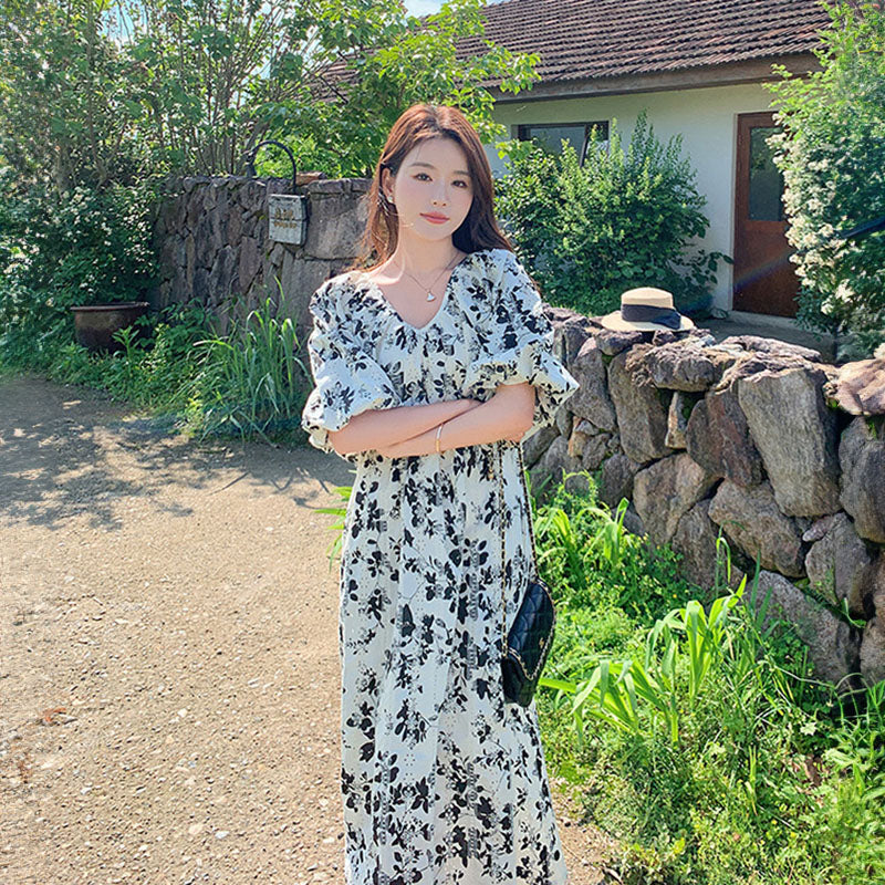 ランタンスリーブフラワーワンピース