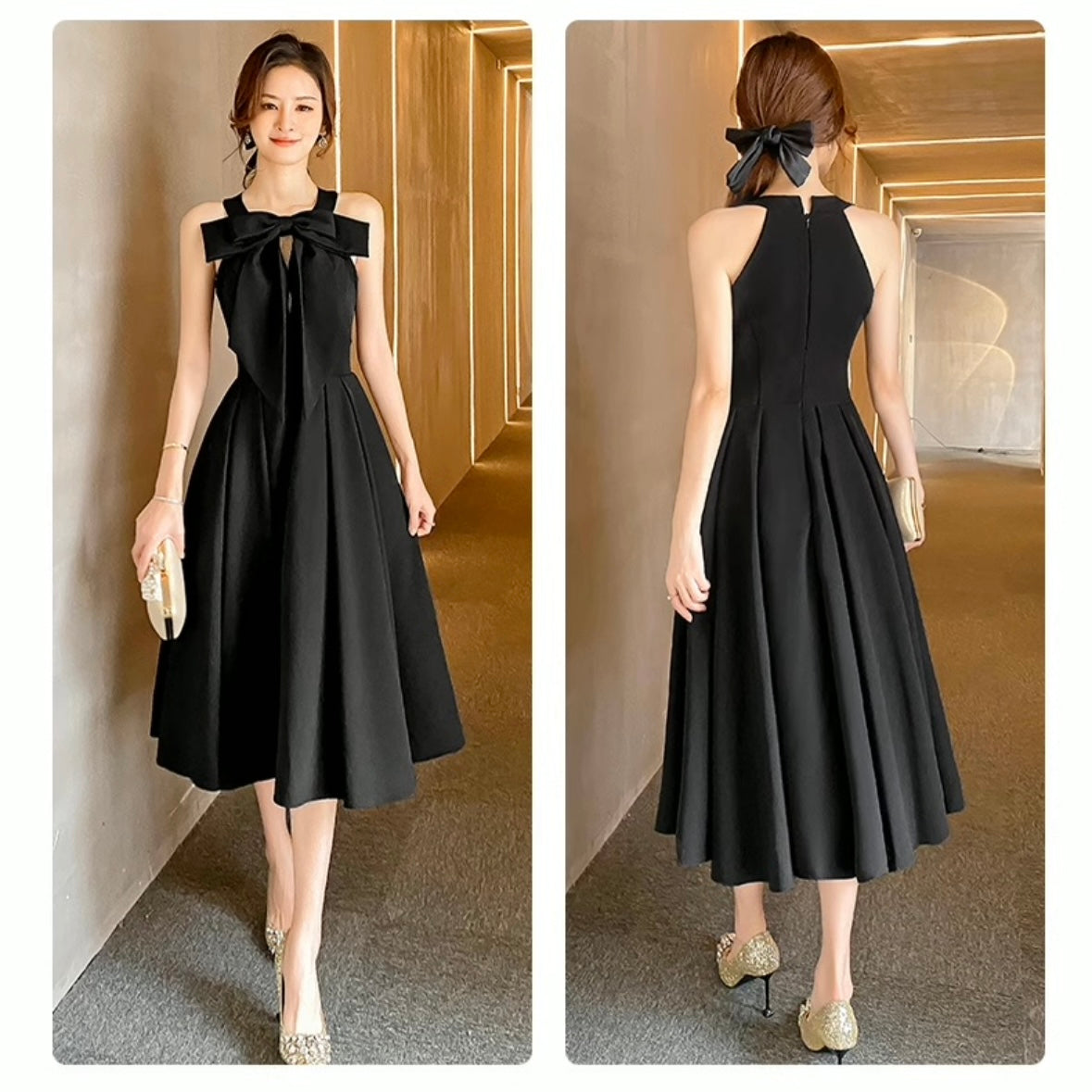 ブラックリボンミモレ丈ドレス