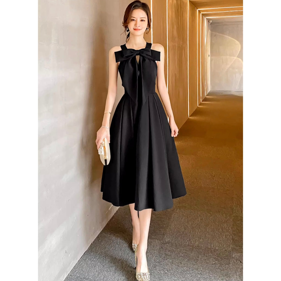 ブラックリボンミモレ丈ドレス