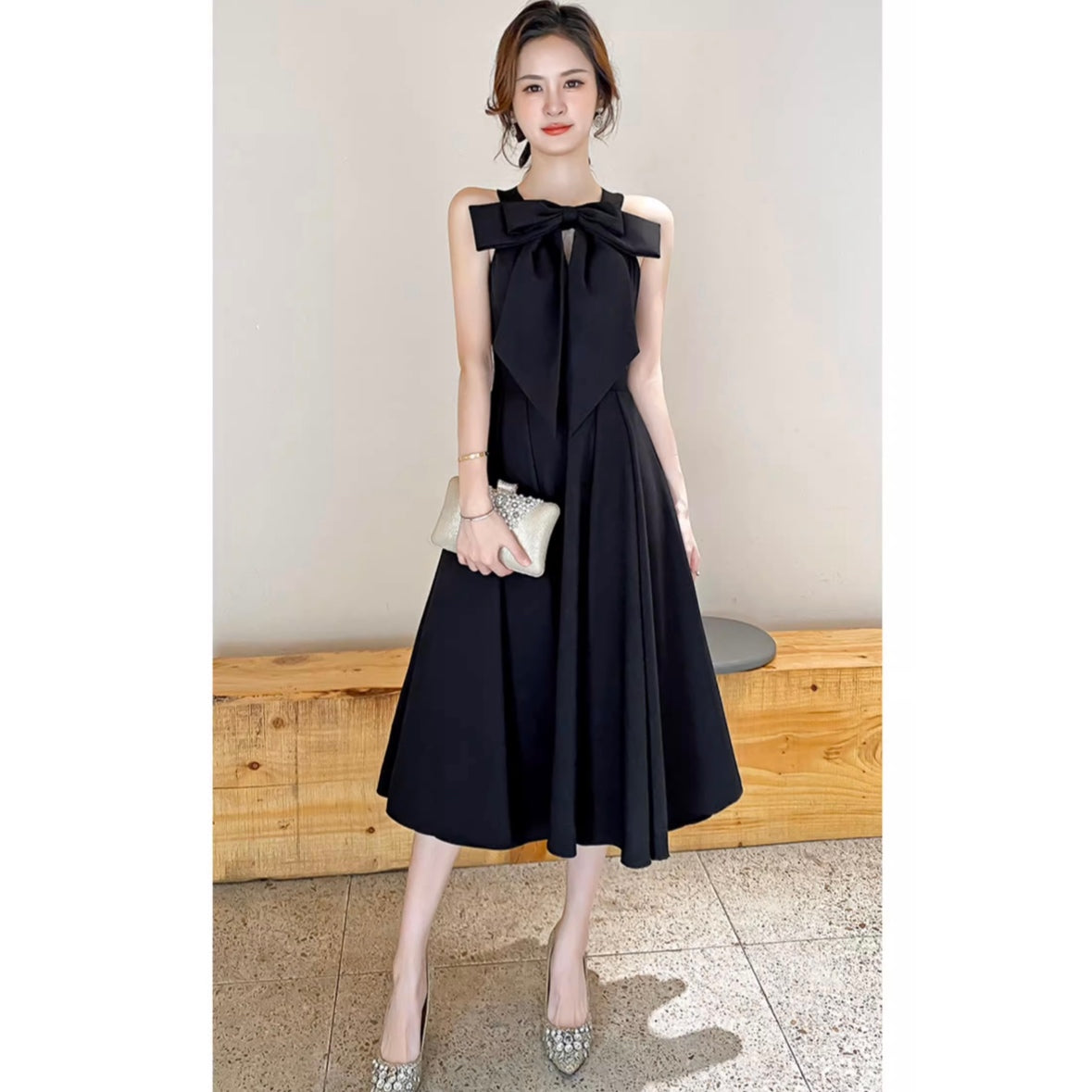 ブラックリボンミモレ丈ドレス
