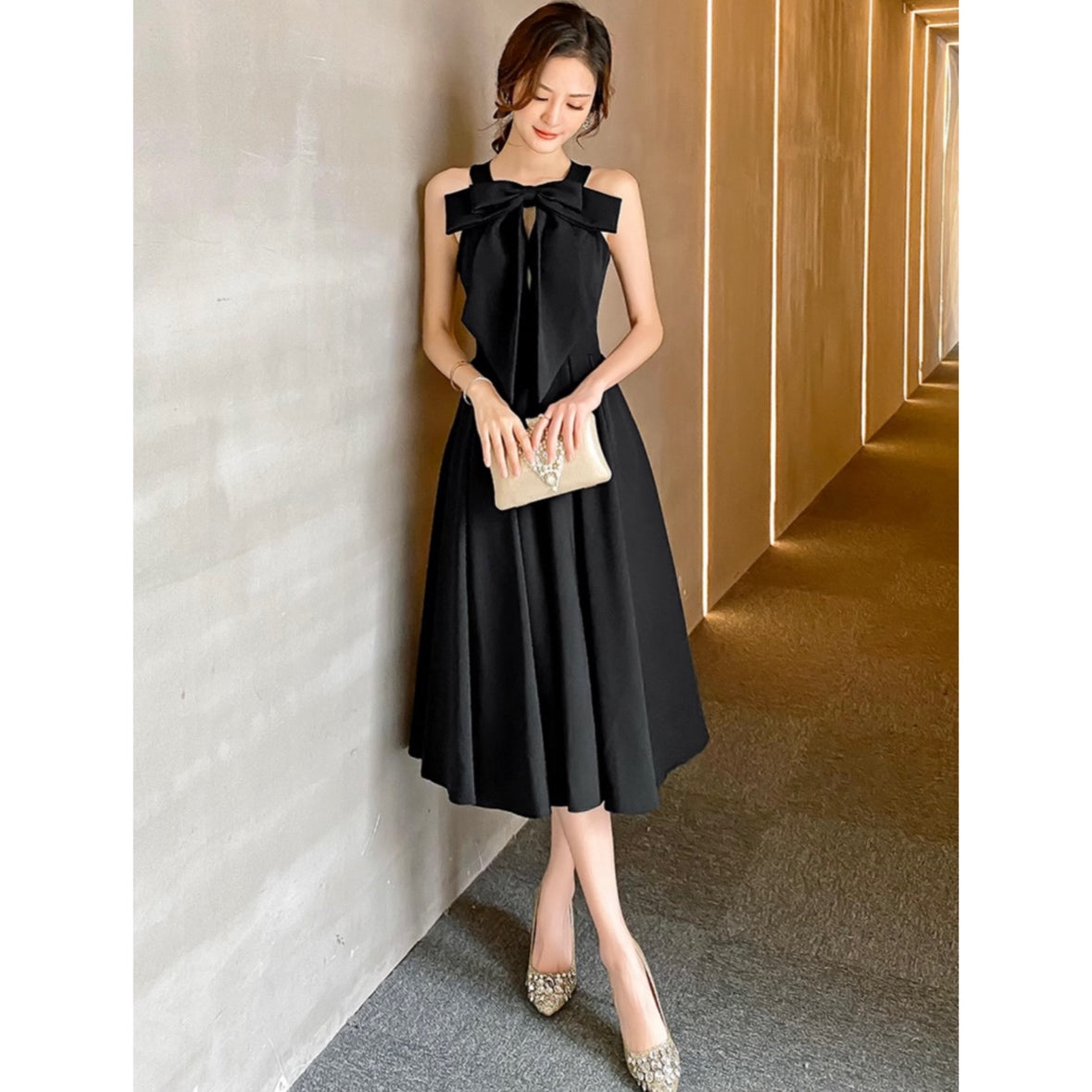 ブラックリボンミモレ丈ドレス