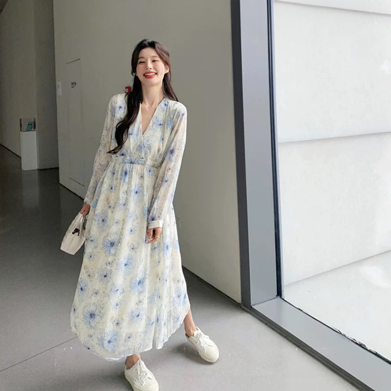 Vネックフラワープリントワンピース