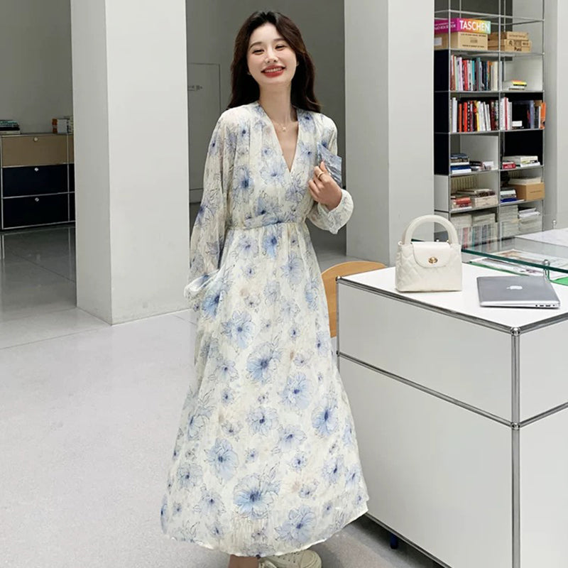 Vネックフラワープリントワンピース