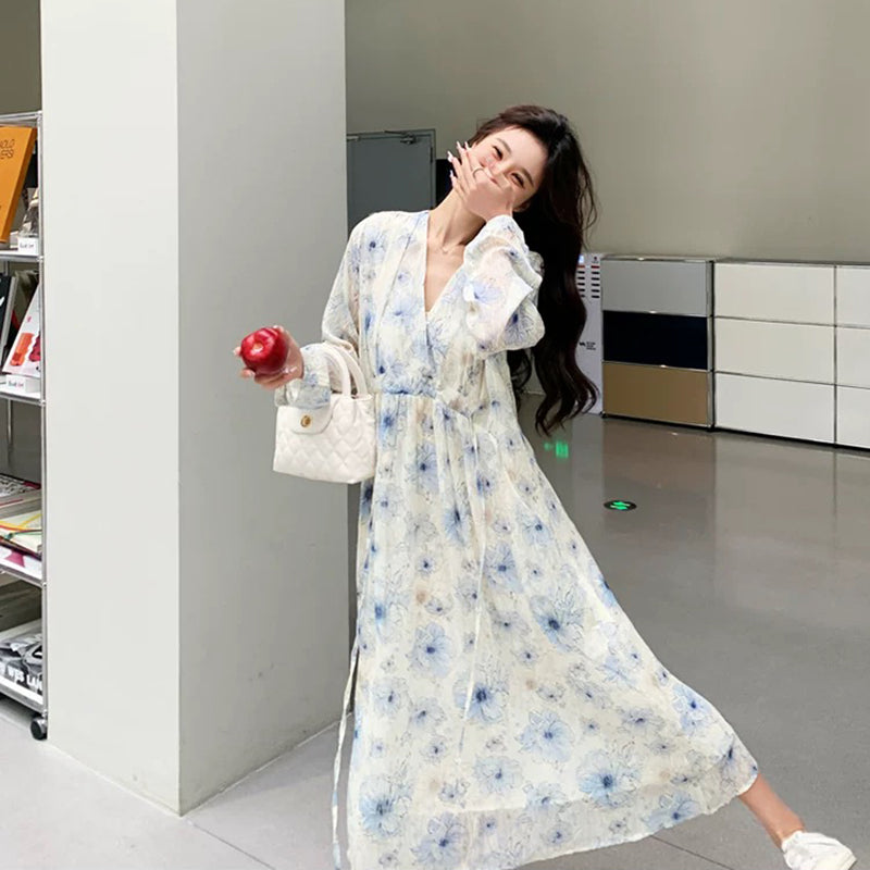 Vネックフラワープリントワンピース