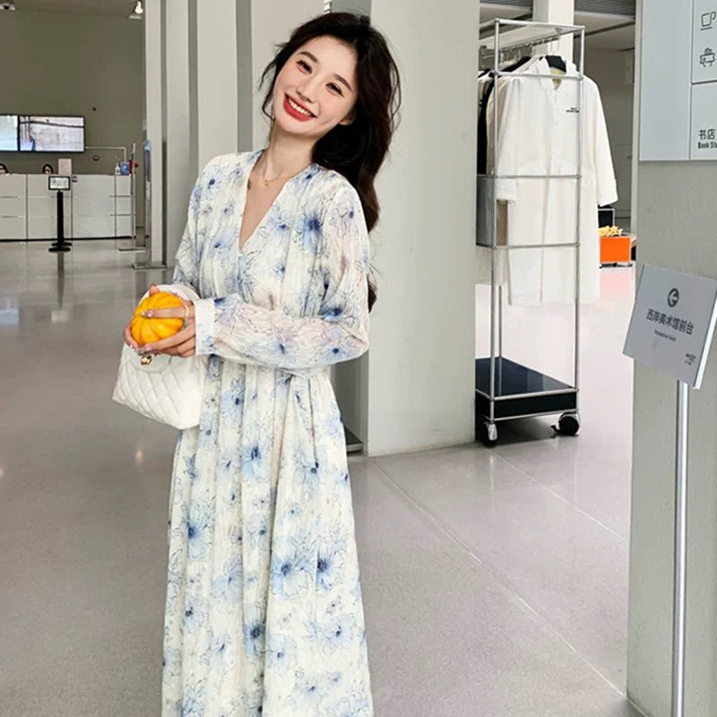 Vネックフラワープリントワンピース