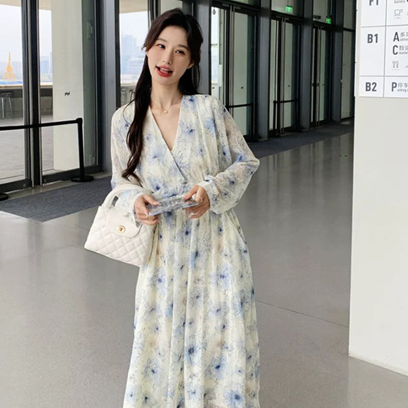 Vネックフラワープリントワンピース