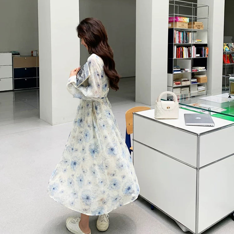 Vネックフラワープリントワンピース