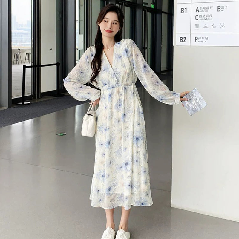 Vネックフラワープリントワンピース