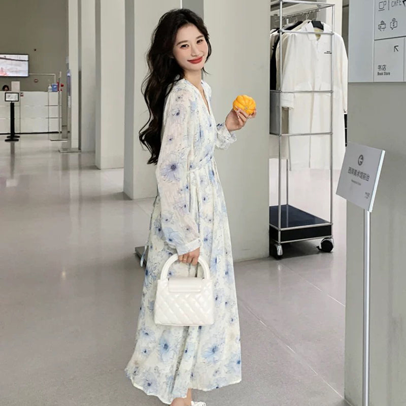 Vネックフラワープリントワンピース