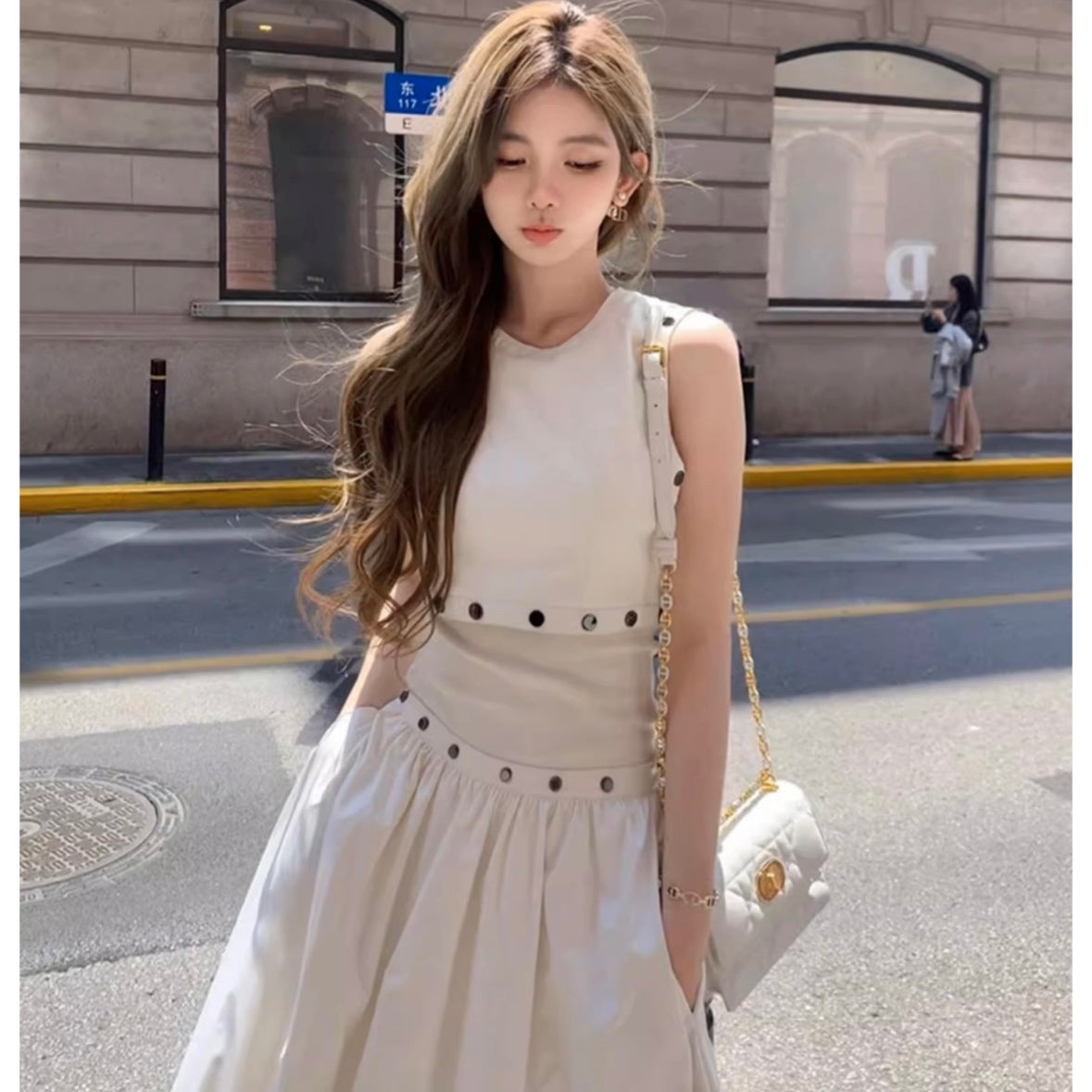 ボタン付きタンクトップ×ロングスカートツーピース