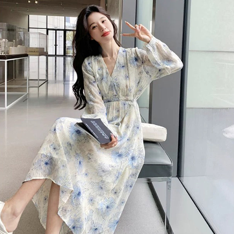 Vネックフラワープリントワンピース