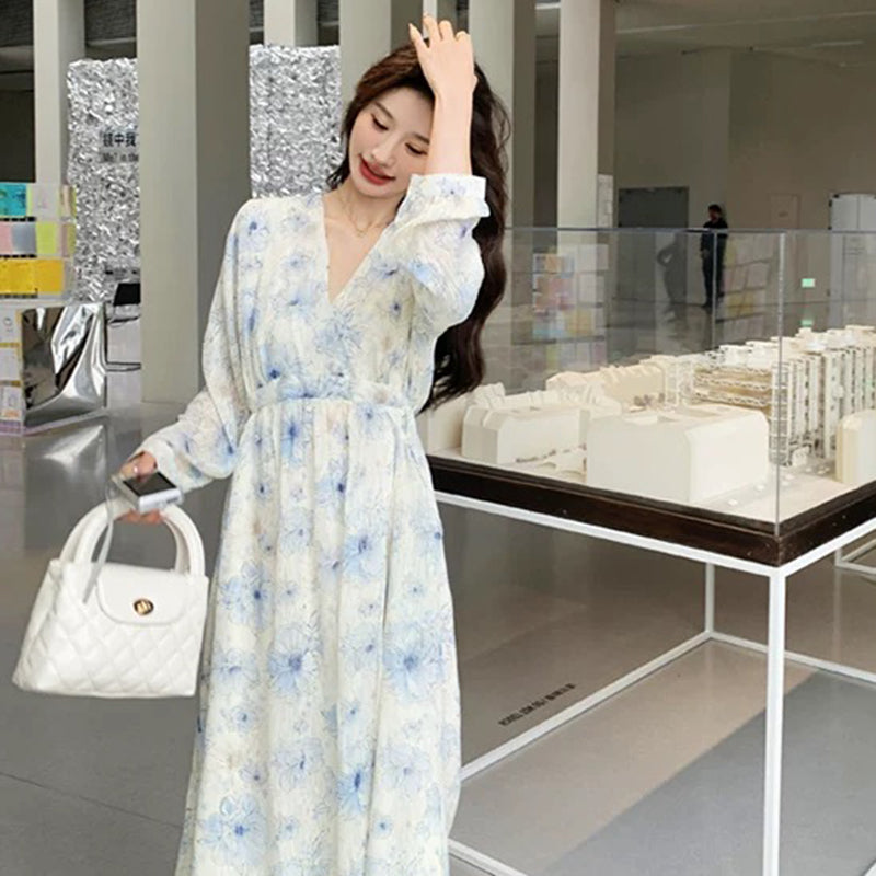 Vネックフラワープリントワンピース