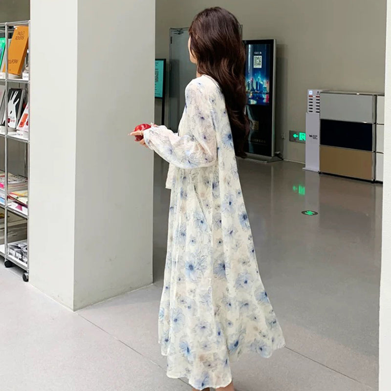 Vネックフラワープリントワンピース