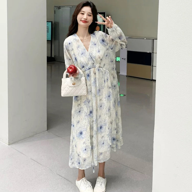 Vネックフラワープリントワンピース