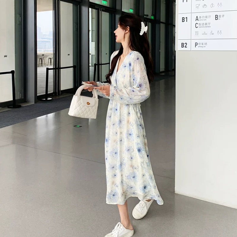 Vネックフラワープリントワンピース