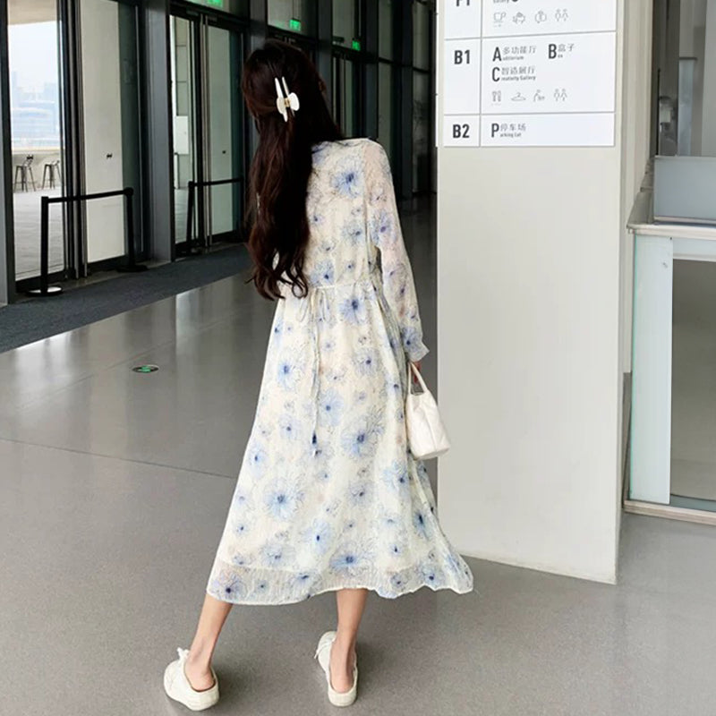 Vネックフラワープリントワンピース