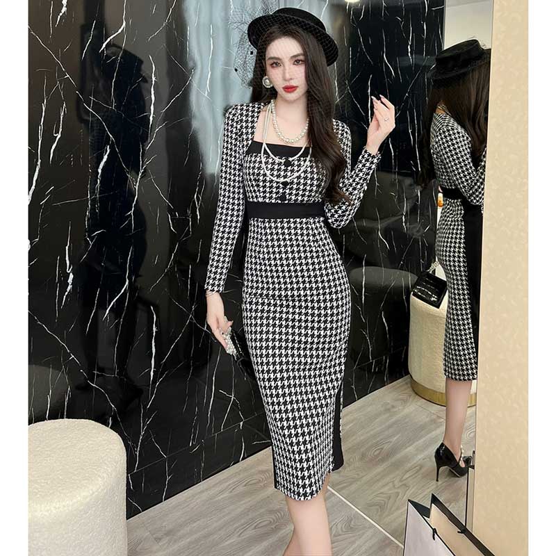 千鳥柄タイトワンピース