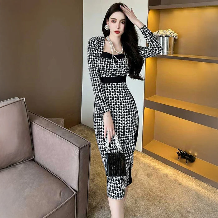 千鳥柄タイトワンピース