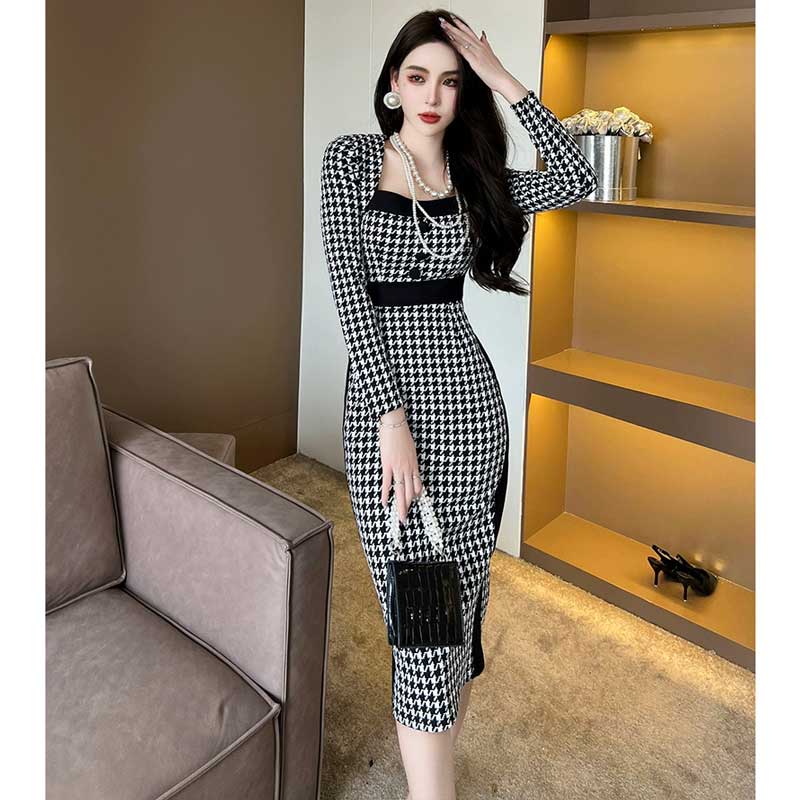 千鳥柄タイトワンピース