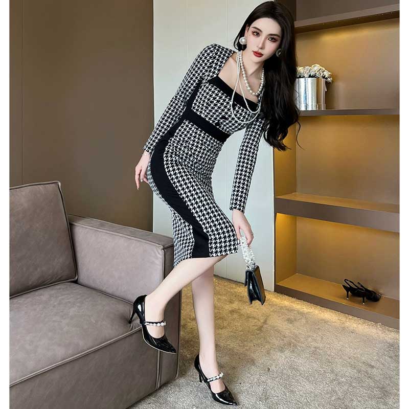 千鳥柄タイトワンピース