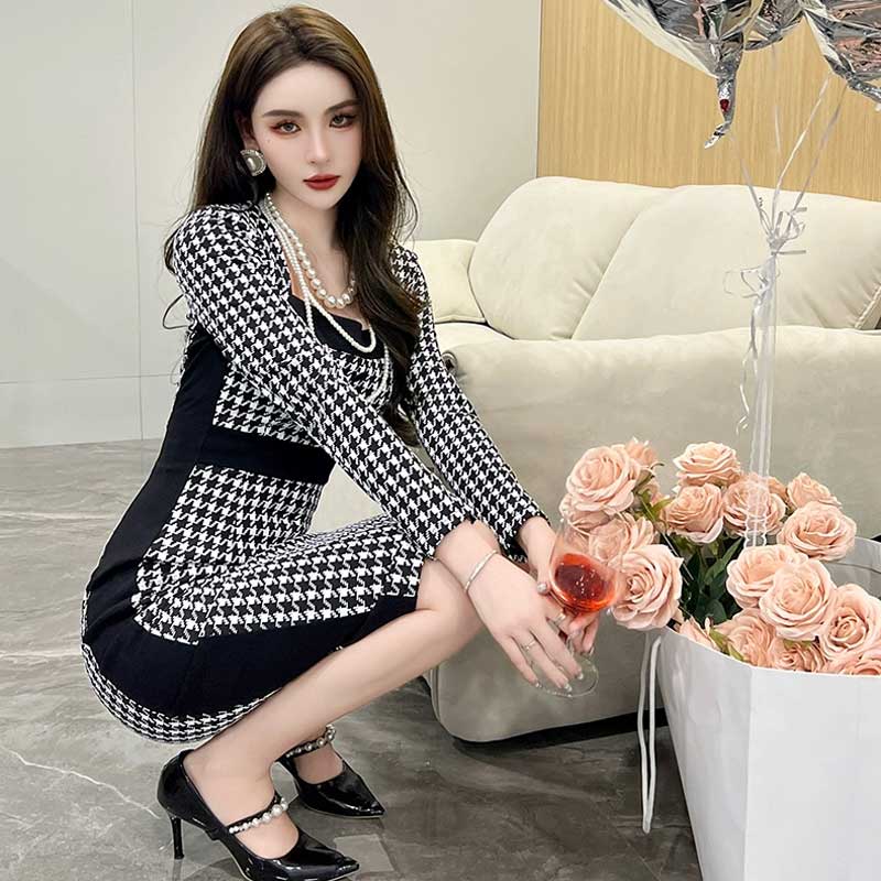 千鳥柄タイトワンピース